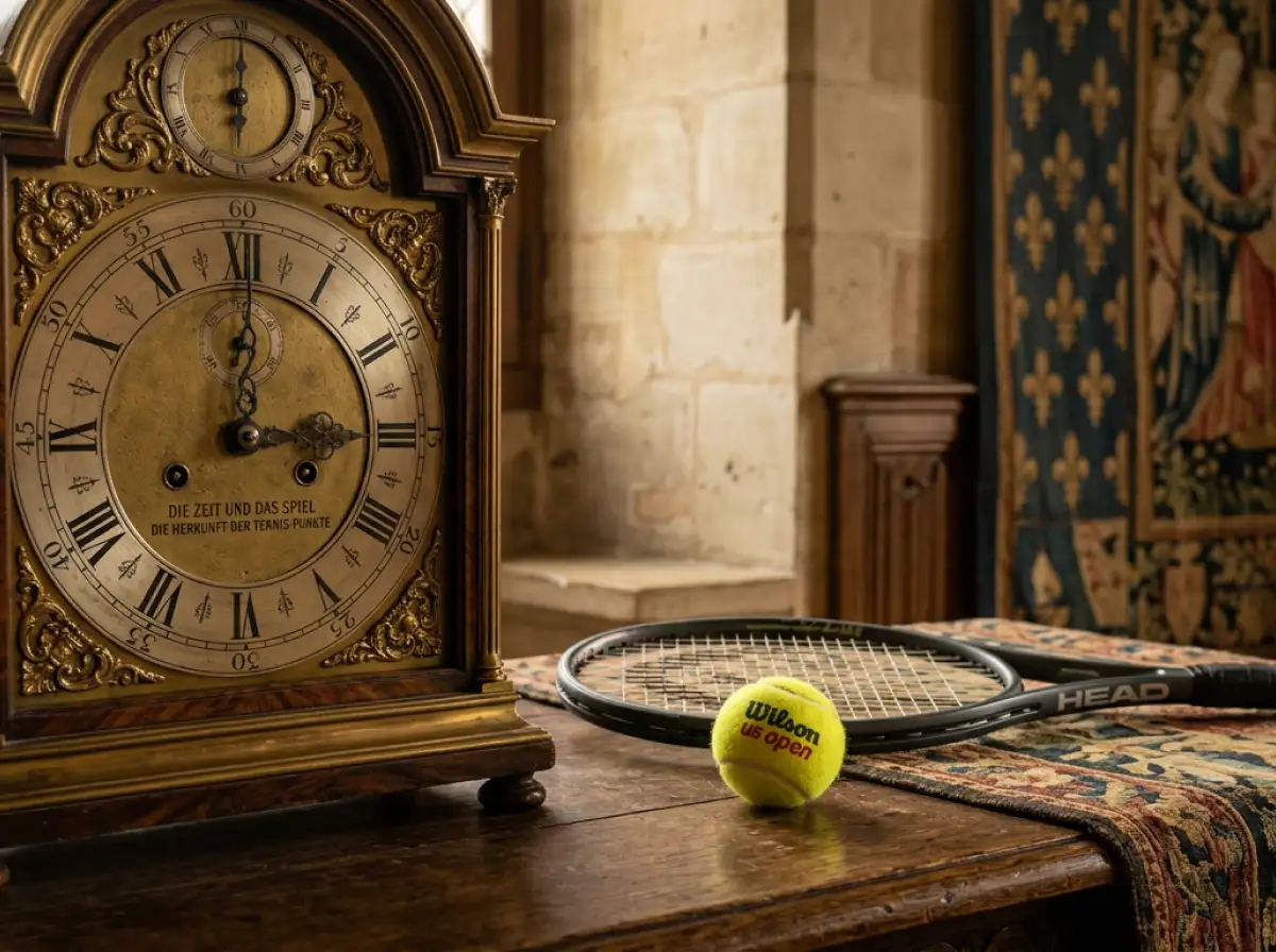Tennis Zählweise 15-30-40 - historische Uhr und Tennisschläger