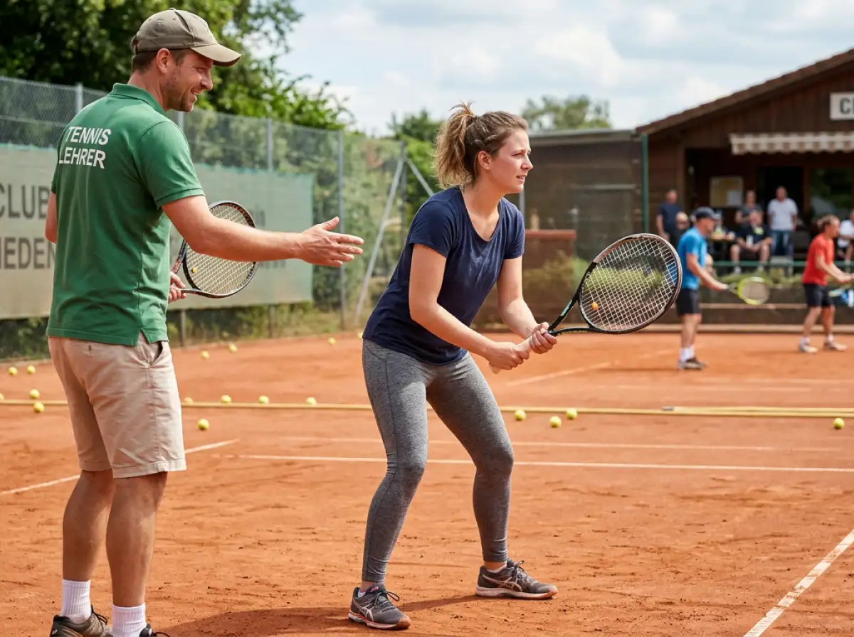 Tennis-Anfänger mit Schläger auf dem Platz