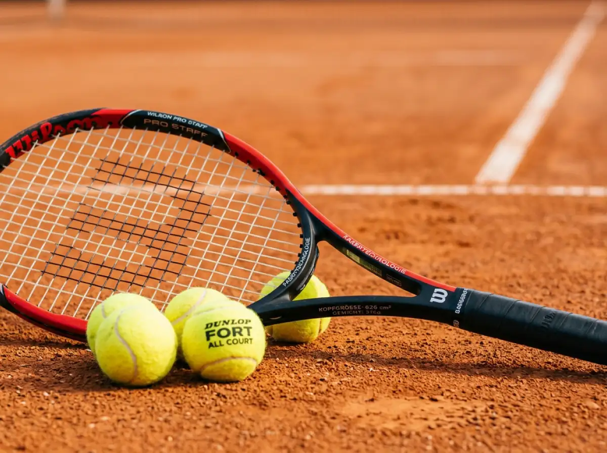 Tennisschläger und Ball auf dem Platz mit Fachbegriffen