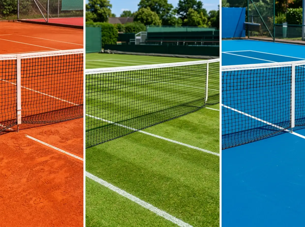Drei verschiedene Tennisbeläge: Sand, Rasen und Hartplatz