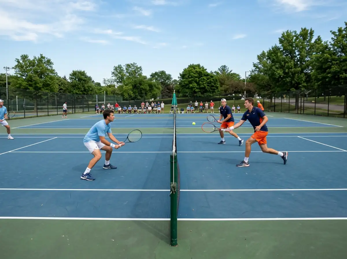 Tennis Doppel mit vier Spielern auf dem Platz