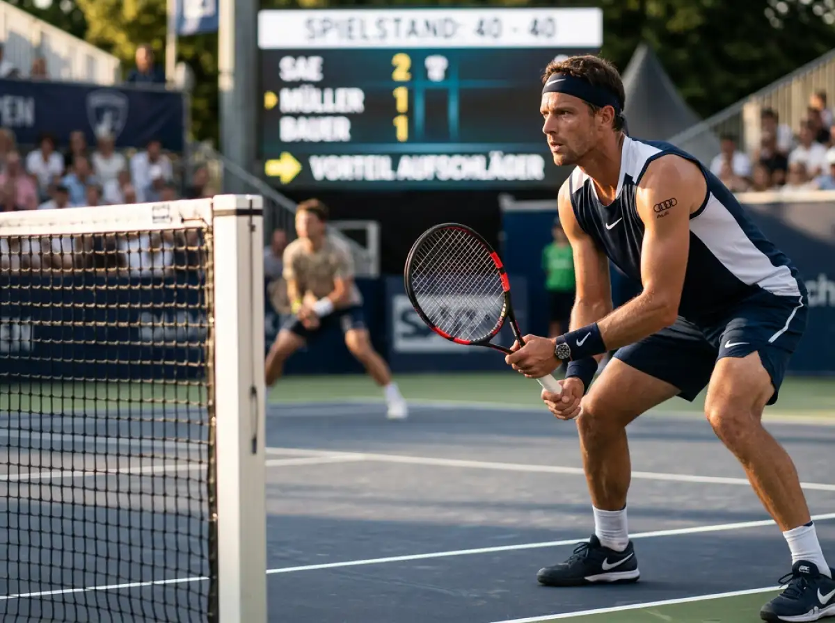 Tennis Einstand bei 40:40 - Spieler am Netz in entscheidender Situation