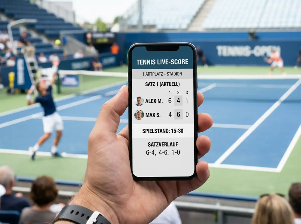 Smartphone zeigt Tennis Live-Ergebnisse neben Tennisplatz