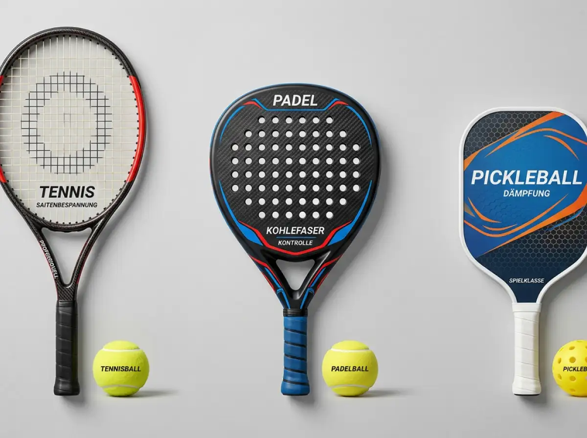 Drei Schlägersportarten: Tennis, Padel und Pickleball Schläger