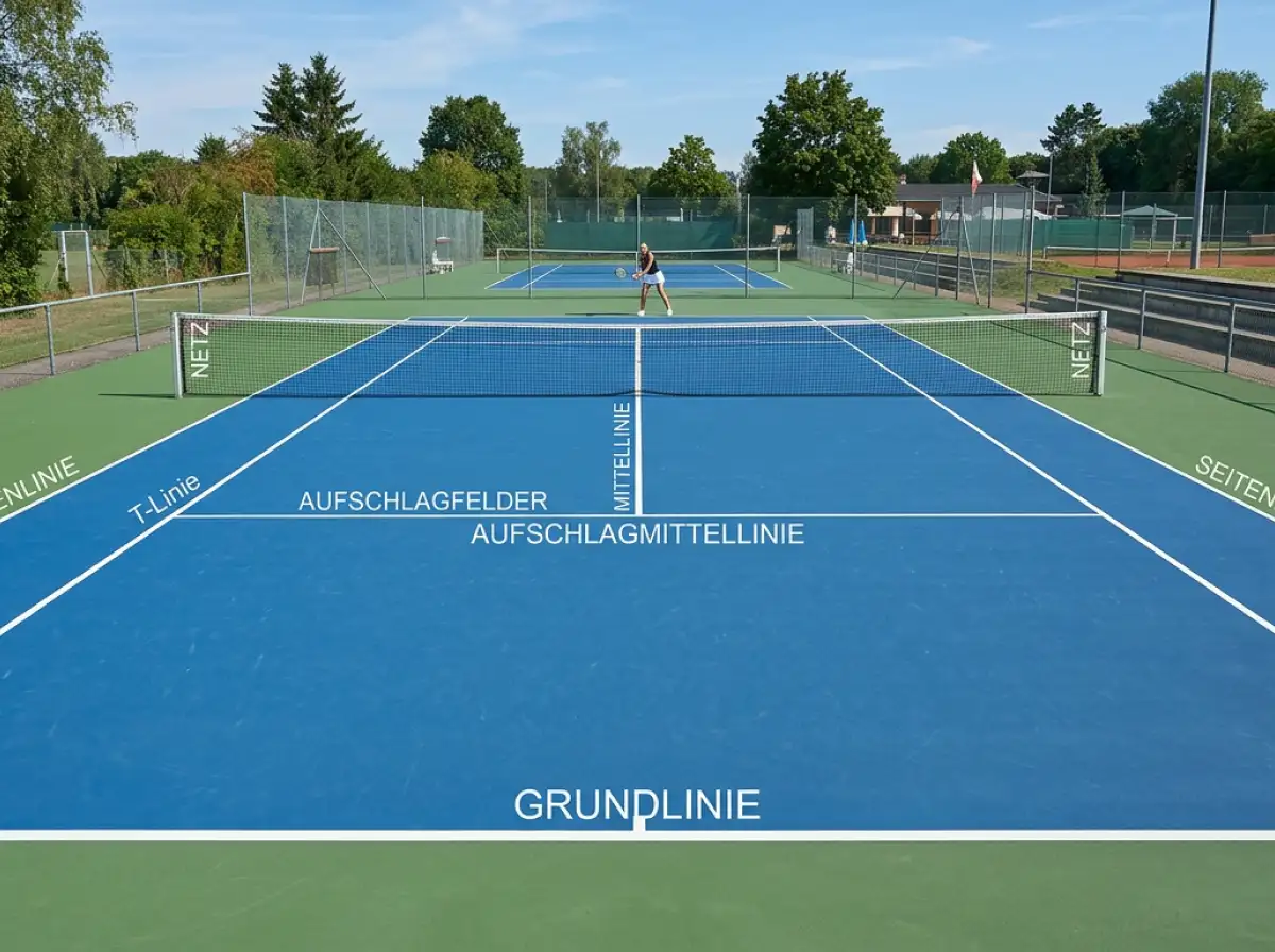 Tennisplatz mit Linien und Spieler beim Aufschlag