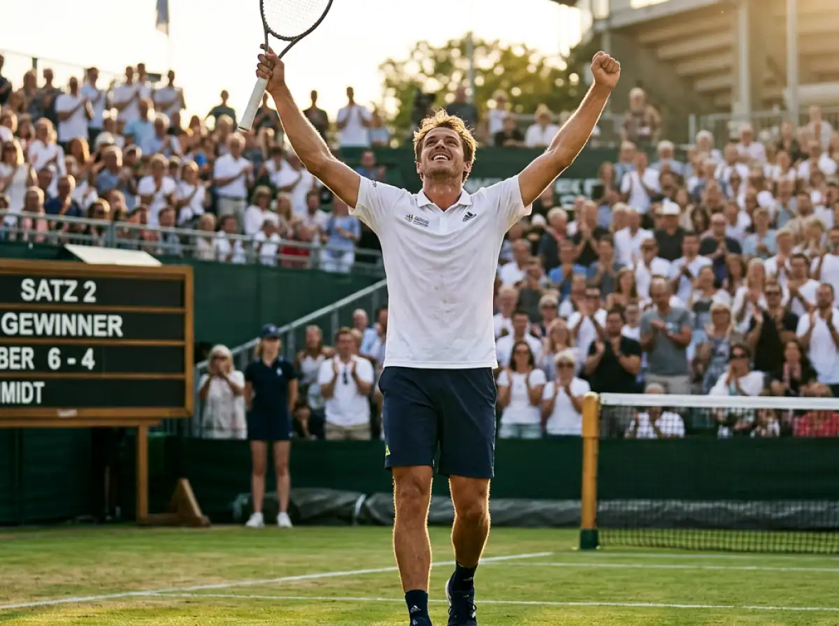 Tennis Satz gewinnen - Spieler feiert Satzgewinn auf dem Platz