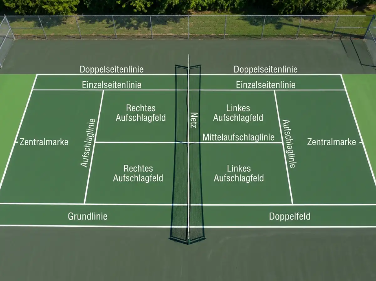 Tennisplatz mit sichtbaren Linien und Zonen von oben