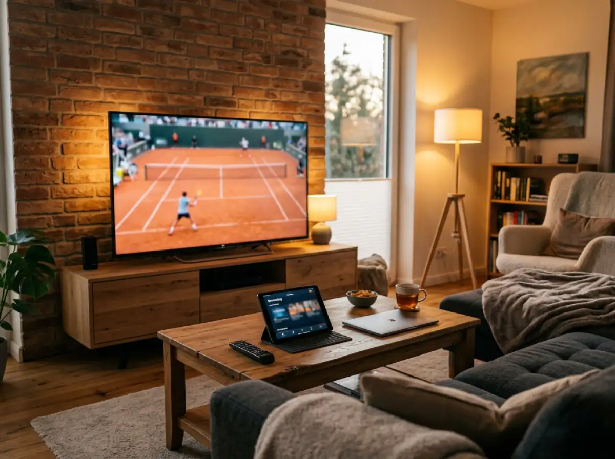 Tennis-Übertragung auf einem Fernseher im Wohnzimmer