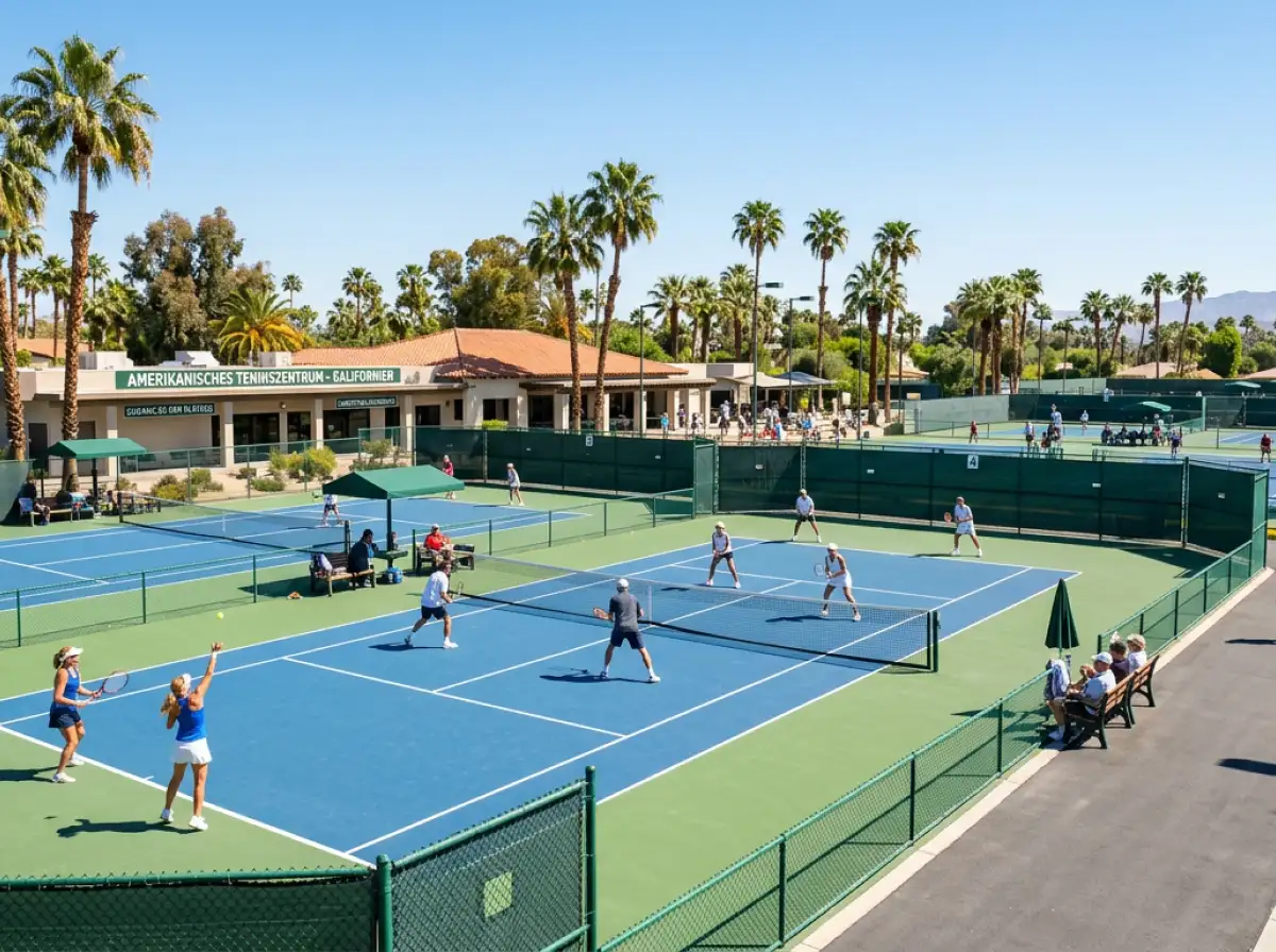 Amerikanischer Tennisplatz mit Spielern im Sonnenschein